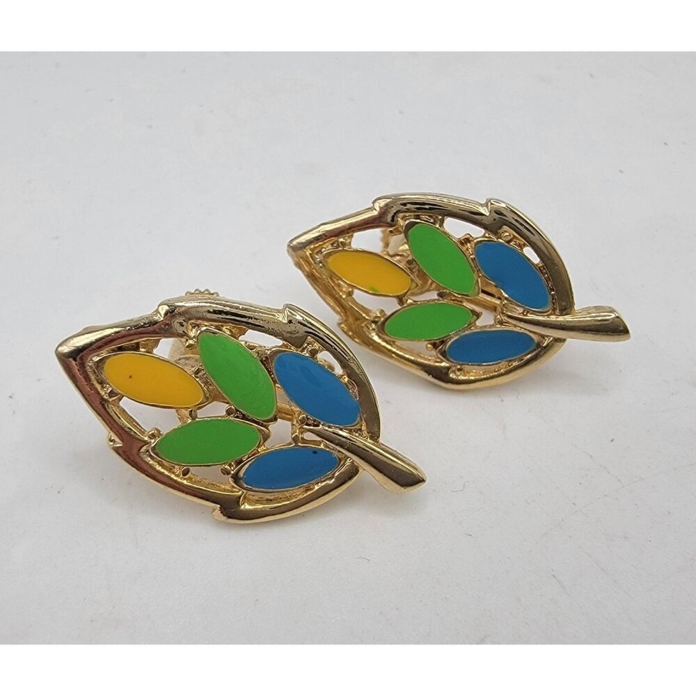 Vintage Gold Tone 1980's Colorful Leaf Autumn Fall Screw Back‎ Earrings